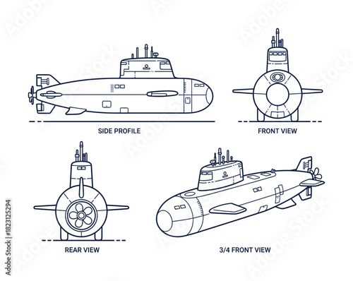Military submarine blueprint. Side profile, front, rear and 3/4 front view technical drawing