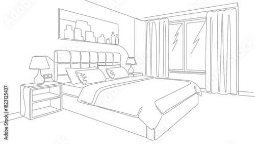 Bedroom interior with bed, nightstands, lamps, and window with curtains.