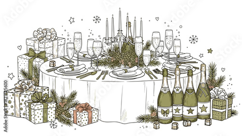 Festive table setting with gifts and champagne bottles illustration.
