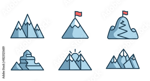 Mountain icons set representing goals and success