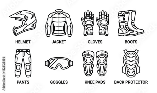 Motorcycle protective clothing and equipment with helmet jacket gloves boots knee pads