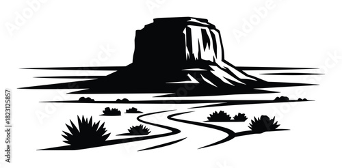 Monument valley mesa desert landscape with winding road and agave plants illustration