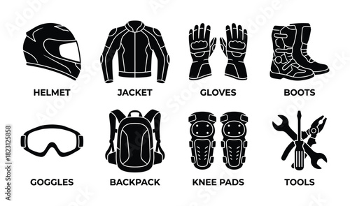 Motorcycle rider equipment set with helmet jacket gloves boots goggles backpack and knee pads