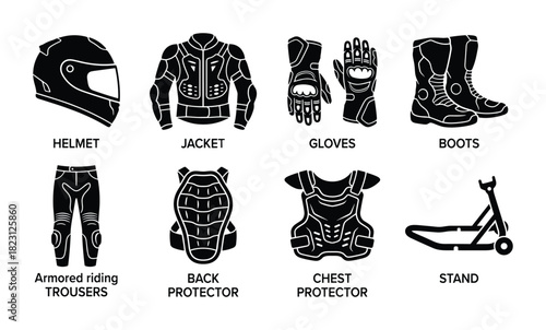 Motorcycle rider safety gear icons with helmet jacket boots trousers and protectors