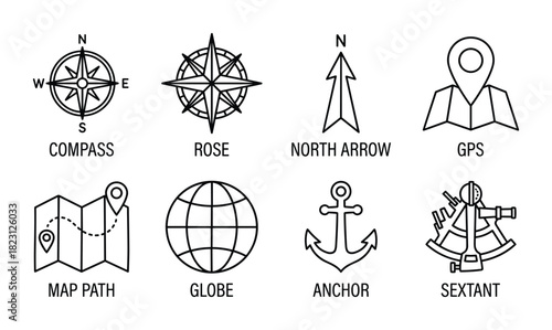 Navigation compass map and anchor line icons set. Rose north arrow gps globe sextant path.