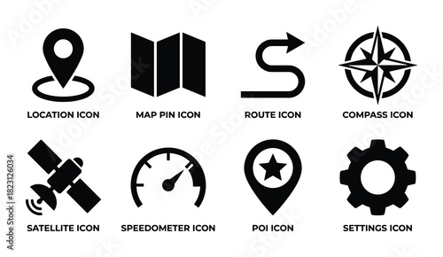 Navigation and location icons, map pins, route, compass, satellite, speedometer, poi, settings