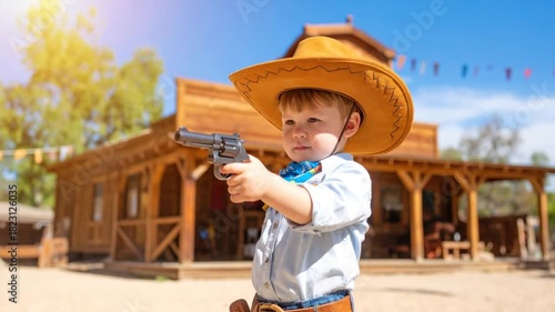 Young child in cowboy attire, pointing toy gun, stands before a wooden facade