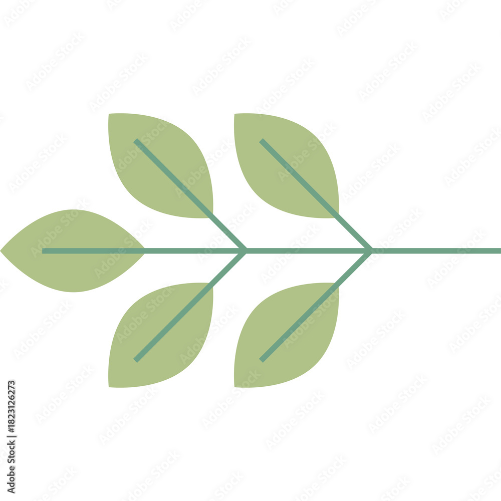 Naklejka premium Minimalist illustration of a green leaf stem with five leaves against a transparent white background symbolizing growth and nature