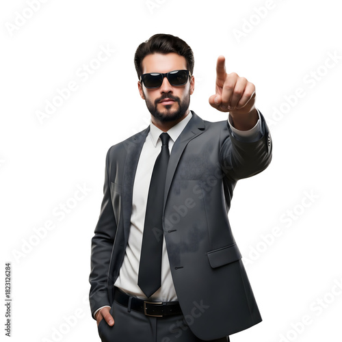 Stylish business man, wearing sunglasses and suit, points with index finger, representing success and control, isolated on transparent background