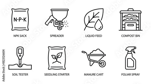 Outline icons for plant nutrition. fertilizer and soil care products including compost bin