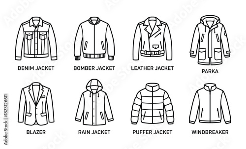 Outline icons for men and women jackets, denim, bomber, leather, parka, blazer, rain vector