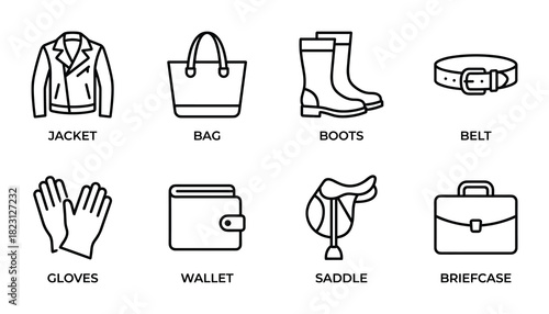 Outline icons of leather goods featuring jacket, bag, boots, belt, gloves, wallet, saddle and briefcase.