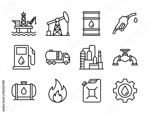 Outline icons of oil and gas industry, petroleum production, and energy symbols set on white background.