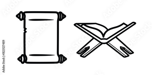 Outline icons showing an old parchment scroll and a traditional book stand for reading.