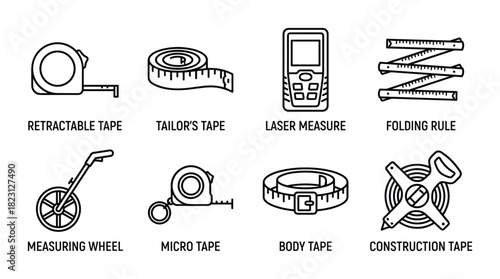 Outline icons of various measuring tapes and rules including retractable, laser and folding