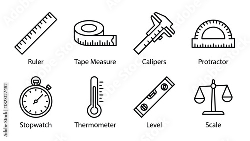 Outline icons of various measuring instruments including ruler, tape measure, calipers, stopwatch