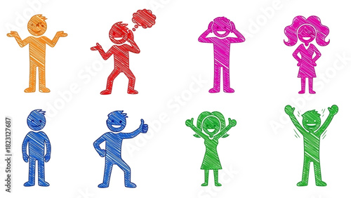 Colorful Hand-Drawn Stick Figures - Diverse Poses & Emotions Vector