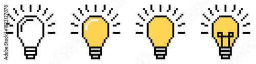 Set of Pixel Light Bulb Vector A collection of light bulbs in a simple, retro 8-bit style, ideal for graphics related to ideas, innovation, energy, and technology interfaces.