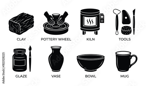 Pottery tools and items. clay, wheel, kiln, glaze, vase, bowl, mug collection, equipment