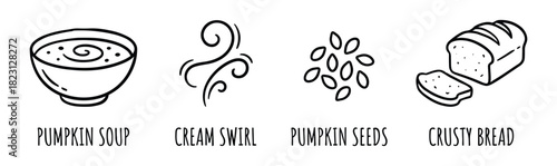 Pumpkin soup with cream swirl, roasted seeds, and crusty bread outline icons set.