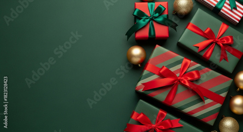 Overhead view of beautifully wrapped christmas gift boxes with red ribbons and gold baubles arranged on a dark green background with copy space on the left
