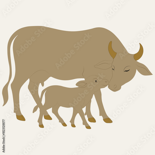 Cow and calf silhouette illustration on beige background