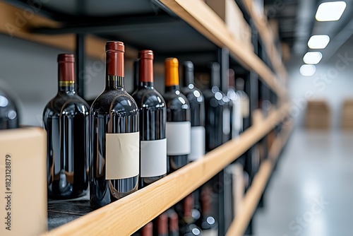 Modern Wine Storage with Bottles on Shelves in a Warehouse Environment