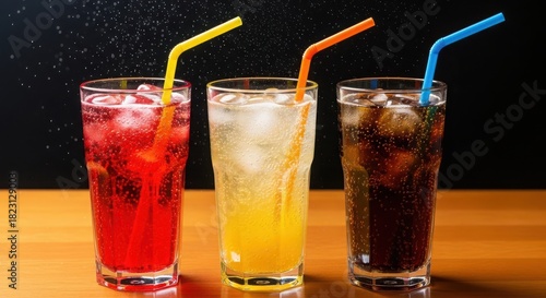 A trio of refreshing cold soft drinks in tall glasses ice colorful straws on a wooden table