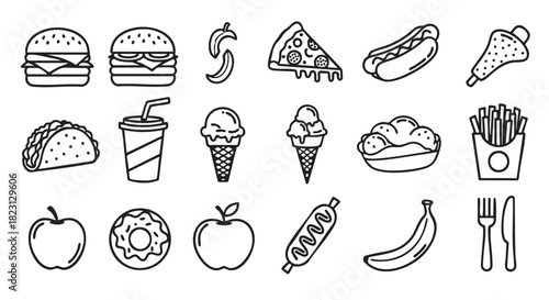 Black and white line art food icons fast food collection