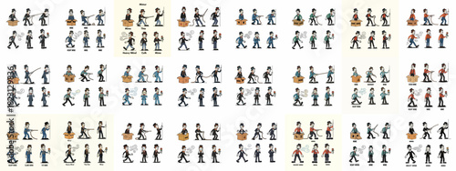 Collection of vintage cartoon mime characters demonstrating various classic actions, expressions, and imaginary routines like walking in wind and pulling ropes.