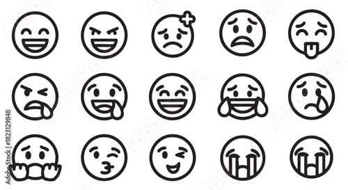 Collection of Simple Minimalist Line Art Emoji Faces Expressing Various Emotions