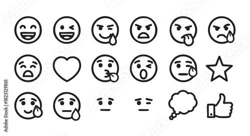 Collection of simple line art vector emojis representing various emotions