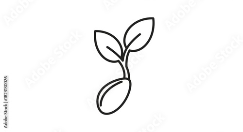 Line art icon of a sprouting seed with two leaves, symbolizing new beginnings, growth, and natural development for various projects