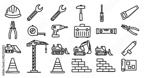 Construction tools and equipment vector illustration in simple line art style
