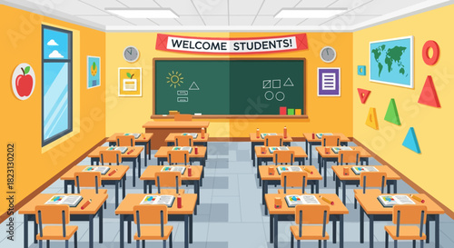 Bright and inviting classroom interior with student desks, chalkboard, and educational materials