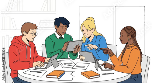 Diverse group of young students collaborating on a project using modern technology and digital devices in a contemporary learning environment