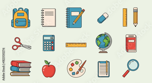 A colorful collection of school supply icons representing education and learning concepts