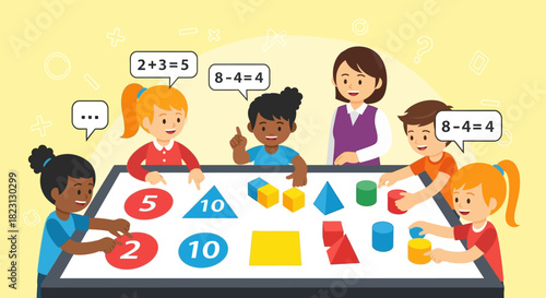 Children learning arithmetic concepts with their teacher Addition, subtraction, and shapes