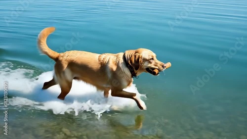 Golden labrador retriever dog emerging from water with toy in mouth on sunny day