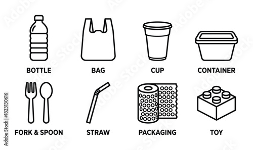 Single use plastic items with bottle bag cup container fork spoon straw and toy