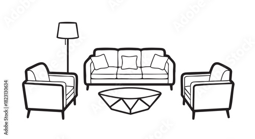 Modern Living Room Furniture Line Art Illustration Minimalist Design Style