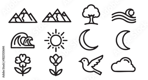 Nature icons set mountains wave sun and flowers vector illustration