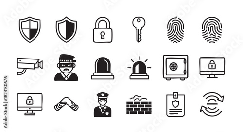 Security and protection icon set in a minimalist doodle style