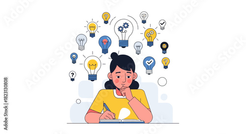 Thinking girl surrounded by light bulbs symbolizing new ideas and brainstorming, creating a bright atmosphere
