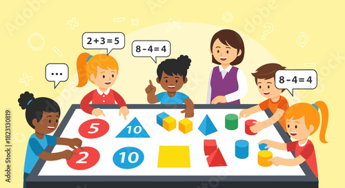 Diverse group of children engaged in interactive math learning with their teacher in a vibrant classroom setting, exploring numbers and geometric shapes