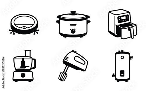 Six essential kitchen and home appliances in simple black and white icon style
