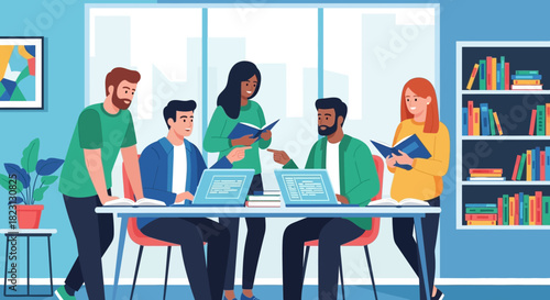 Diverse team of professionals collaborating on a project in a modern office environment, discussing ideas and working on laptops