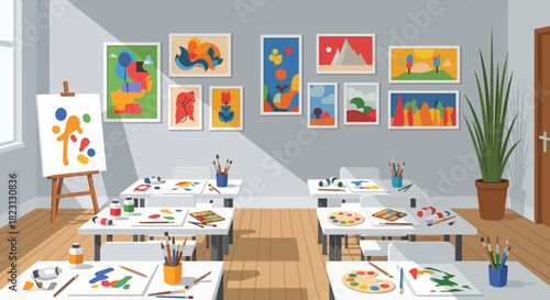 An inviting art studio filled with easels, palettes, and vibrant abstract artworks on display, perfect for nurturing creative expression and an inspiring artistic environment