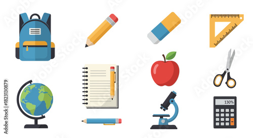 Collection of school supplies and learning tools on a white background for educational purposes and back to school concepts