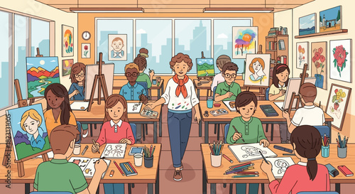 Lively art class for diverse students of all ages, learning painting and drawing techniques under an encouraging teacher's guidance, fostering creativity and artistic expression